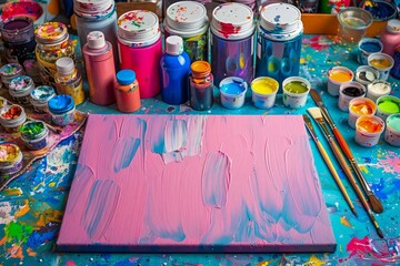 Vibrant Artist's Palette with Colorful Paints and Brushes on a Messy Art Studio Table