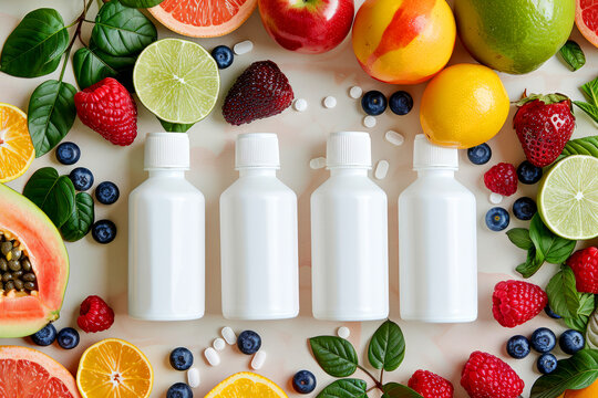 Three bottles of pills are on a table with a variety of fruits and vegetables. The fruits and vegetables, including apples. 3 white plastic vitamine bottles alongside a colorful array of fresh fruits