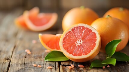 Close up of fresh Grapefruits on a rustic wooden Table