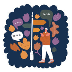 Cartoon vector illustration of man looking to the future. Fingers pointing to different direction. Success, growth rates over dark background