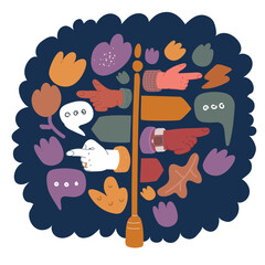 Cartoon vector illustration of Signpost with forefinger point by index finger in different direction over dark background