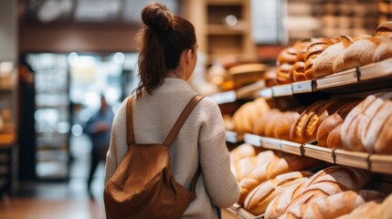A woman is looking at bread in a bakery.