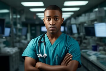 Portrait of a young African-American male doctor in a hospital setting