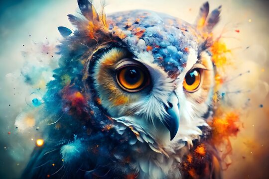 Mystical Owl Artistic Colorful Digital Painting Eyes Feathers