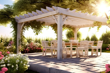 Gazebo, pergola and table in garden at country cottage - relax and unwind. White swing with canopy at green trees on closed lawn of house. Concept of privacy and country recreation. Copy space site - obrazy, fototapety, plakaty