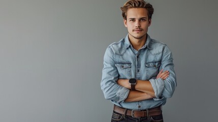 Portrait of a handsome young man in a blue denim shirt - obrazy, fototapety, plakaty