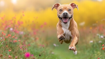 A happy brown and white pit bull terrier dog is running in a field of flowers