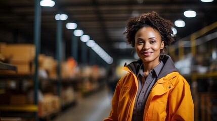 Portrait of a smiling African American woman in a warehouse