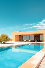 Fototapeta premium Photo of modern house with swimming pool, minimalistic architecture concept. 
