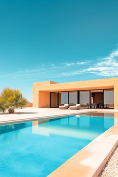 Photo of modern house  with swimming pool,  minimalistic architecture concept. 
