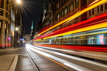 Fototapeta na wymiar Light trails of a tram passing through a city street at night