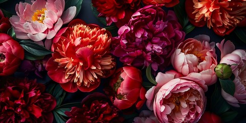 Nostalgia vintage dynamic arrangement top view of new vintage arrangement bouquet peonies flowers classic style design floral background.