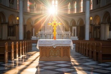 Altar with a glowing cross in a Catholic church