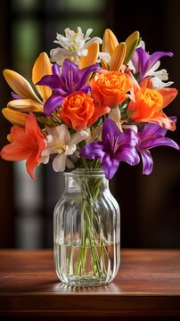 A beautiful bouquet of orange, yellow, and purple flowers in a glass vase.
