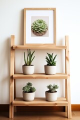 A wooden shelf with four potted plants on it. There is a framed picture of a succulent on the top shelf.
