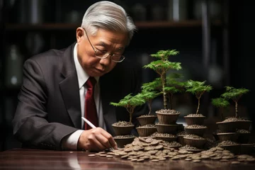 Fotobehang Asian businessman sitting at desk and writing while looking at bonsai trees on top of stacks of coins © Molostock