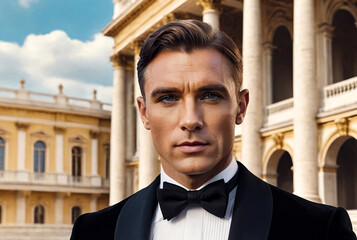 Portrait of handsome young man in tuxedo and bow tie posing outside, serious looking at camera. Confident stylish guy businessman in tux, fashionable festive image James Bond style. Copy ad text space - obrazy, fototapety, plakaty