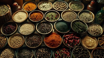colorful mix of herb and spice varieties: curry, coriander, turmeric, cumin, paprika, pepper, mustard, salt, cardamon, oregano, saffron, cinnamon; food ingridients  - Powered by Adobe