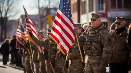 American soldiers in uniform march in a parade with American flags