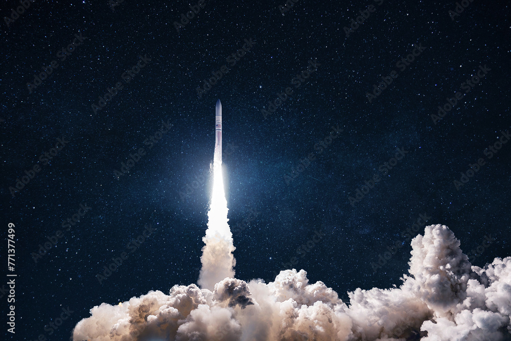 Poster spaceship takes off into the starry sky. rocket starts into space. concept. launch successful. takin
