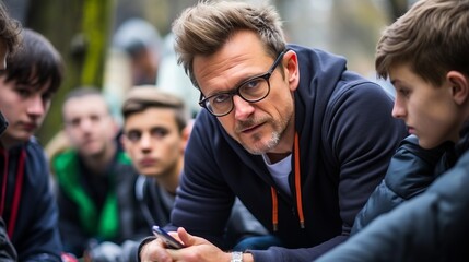 Fototapeta premium A blond man with glasses is talking to a group of teenage boys.
