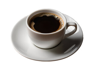 Obraz premium Cup of balck coffee served in a white saucer isolated on white background