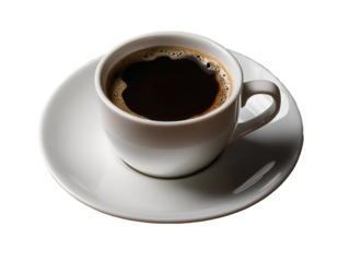 Cup of balck coffee served in a white saucer isolated on white background