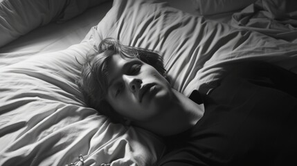 black and white portrait of a young man lying on a bed looking at the camera with a serious...