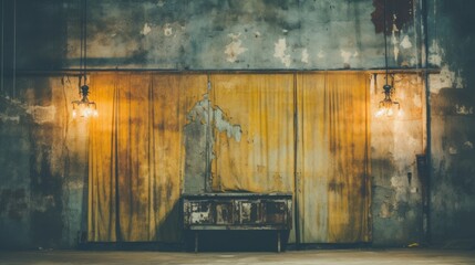 worn out retro stage with yellow curtain and grunge wall
