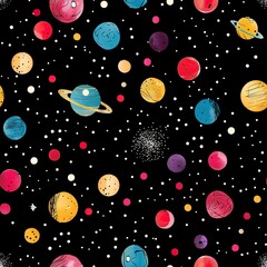 Galaxy Polka Dot seamless pattern, dots that mimic stars and planets on a space black background. Seamless Pattern, Fabric Pattern, Tumbler wrap, Mug Wrap.