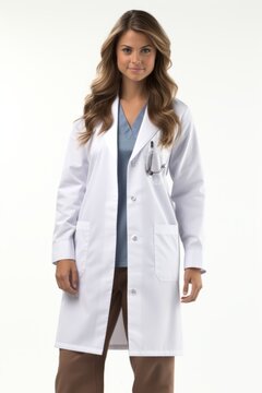 A female doctor in a white lab coat