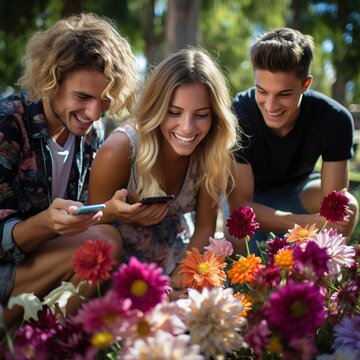 Three friends are looking at their phones in a garden full of flowers