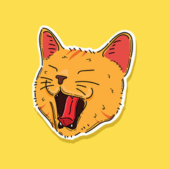 orange head cat yawning, cat sticker vector illustration design isolated in yellow background