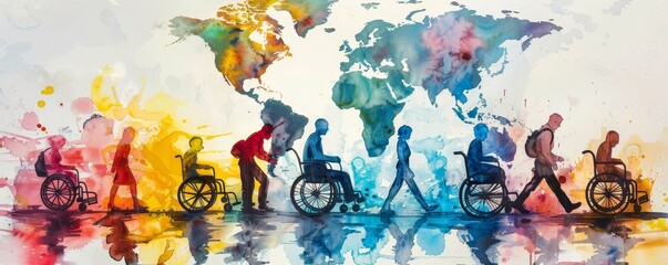 Colorful art watercolor painting depicts a diverse group of International Day of Disabled Persons, disability day, world on the wheelchair wheel, Autistic Awareness Day, healthcare, Generative AI