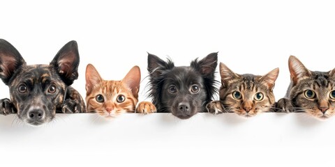 Cute different dogs and cats peeking on isolated white background, with copy space, blank for text...