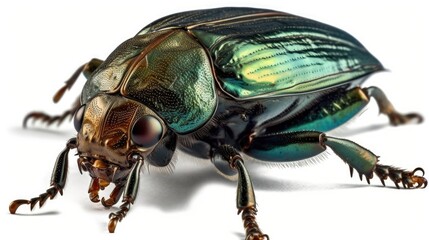 Green scarab beetle with shiny exoskeleton, visible legs, antennae on white surface. - obrazy, fototapety, plakaty