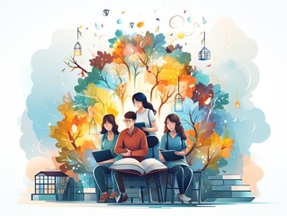 A group of people are sitting under a tree, reading books