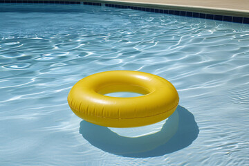 yellow ring floating near pool in the style of cross-pr af1a1fa4-d6fa-4bb1-af04-844ed02eba95
