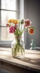 Clear glass vase filled with water sits on wooden table. Vase about 1 3 filled with variety of colorful flowers, including pink, yellow, orange, purple tulips, along with some greenery.
