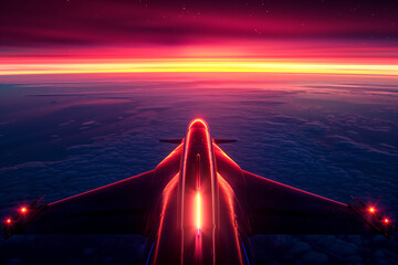 A view from the top of a plane flying at high altitude with red lighting on the wings.