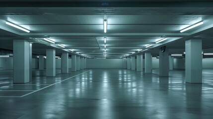 Spacious underground parking area with sleek design and blue-toned lighting.