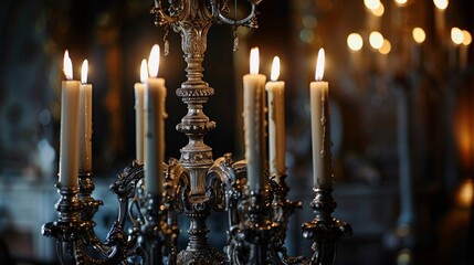 Ornate silver candelabra with intricate detailing, casting a soft glow and creating a romantic atmosphere. - obrazy, fototapety, plakaty