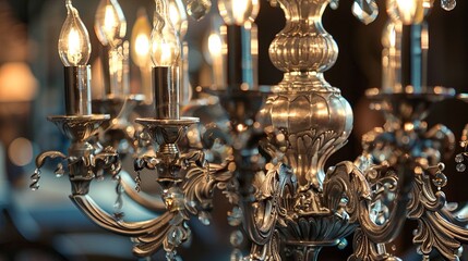 Ornate silver candelabra with intricate detailing, casting a soft glow and creating a romantic atmosphere. - obrazy, fototapety, plakaty