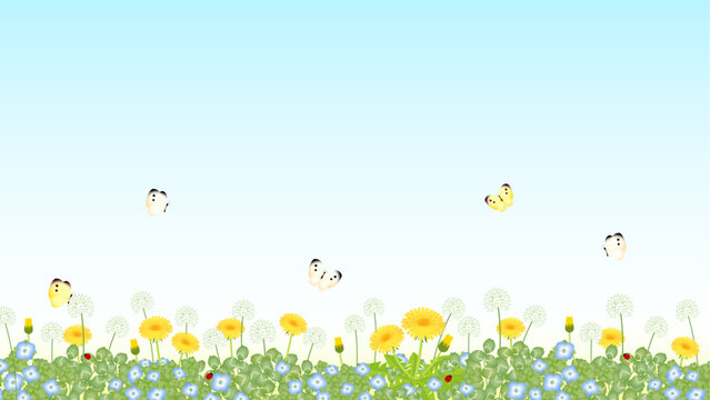 Flowers and grass border, vector illustration, early spring flowers　春の草むらと花とちょうちょのイラスト	