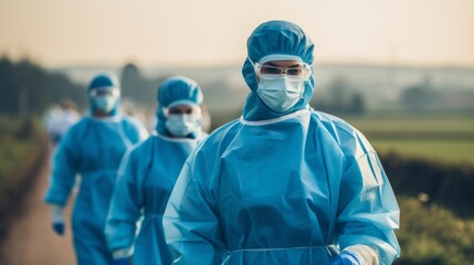 Healthcare workers in hazmat suits walk through a field