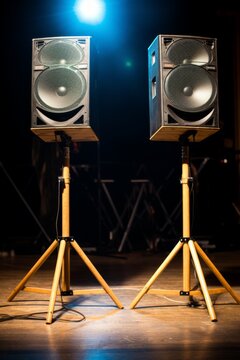 Two speakers on stage with a spotlight in the background
