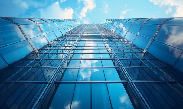 Modern office building with blue sky, and glass facades. Economy, finances, business activity concept, Bottom-up view, blurred image, Generative AI