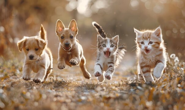 Cute funny dog and cat group jumps and running and happily a field blurred background, Generative AI
