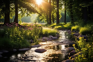 Small river flowing through a lush green sunlit forest - obrazy, fototapety, plakaty
