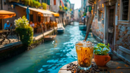 Fotobehang Affogato coffee with ice cream melting, forming a delicious blend, with espresso beans, against an old Venetian canal © weerasak